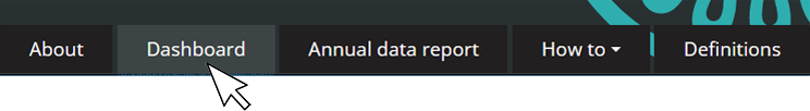 About, Dashboard, Annual data report, How to, Definitions tabs