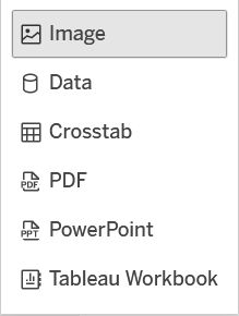 Download box. Select your file format. Image (selected), Data (greyed out), Crosstab, PDF, PowerPoint, Tableau Workbook