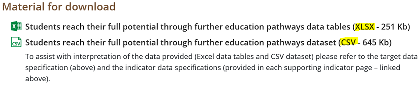 Material for download. Excel icon, filename with XLSX highlighted. CSV icon, filename with CSV highlighted.